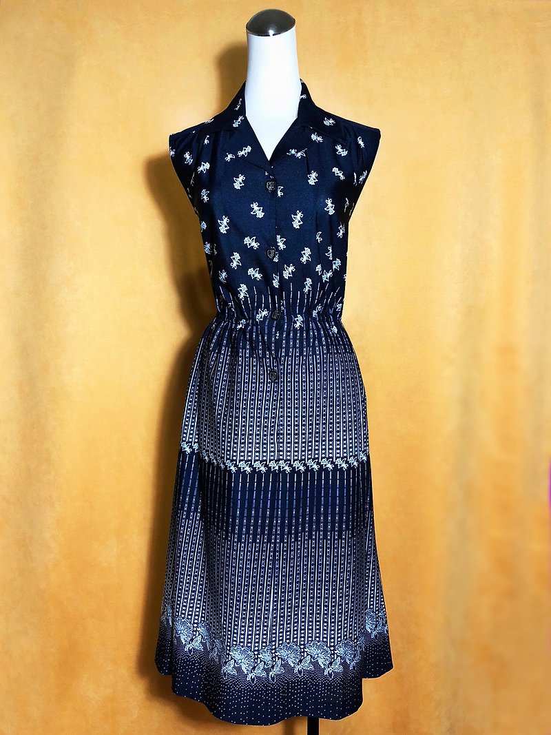 花朵圖騰長版無袖古著洋裝 / 國外帶回 VINTAGE - 連身裙 - 聚酯纖維 藍色