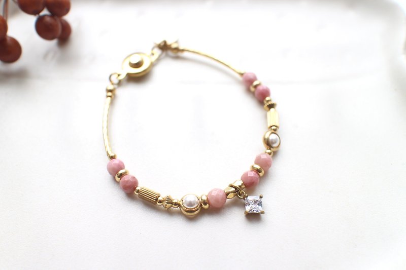 Sweet-Rhodochrosite  zircon brass bracelet - Bracelets - Copper & Brass Multicolor