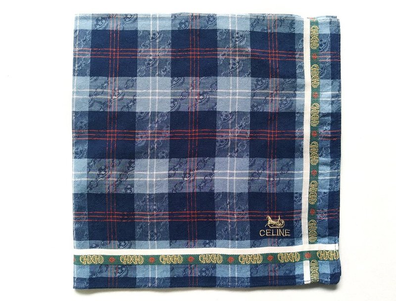 Celine Vintage Handkerchief Men Pocket Square Plaid 18.5 x 18 inches, vintage sc - 手帕 - 棉．麻 藍色