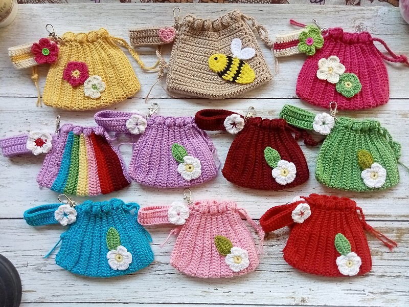 Crochet coin purse bag / Drawstring bag handmade - Drawstring Bags - Acrylic Multicolor