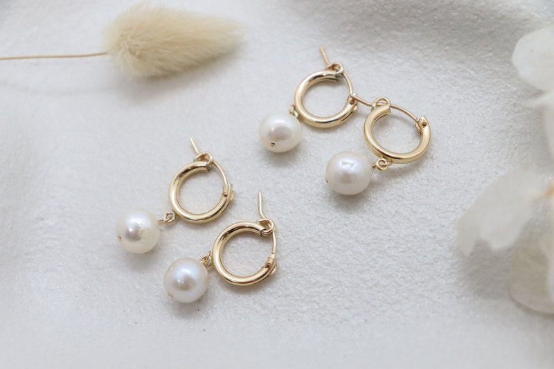 Elegant 14K Gold Filled Hoop Earrings with Freshwater Pearl Drops - Earrings & Clip-ons - Pearl 