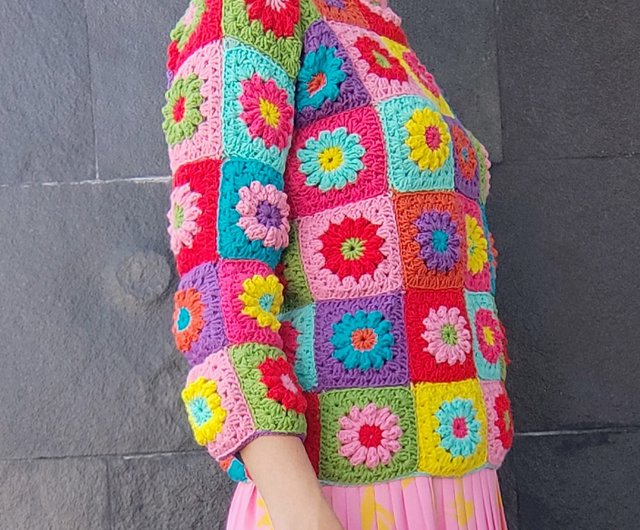 Multicolor Crochet Sweater - vintage popular roundneck granny sweater, retro, handmade, custom sweater