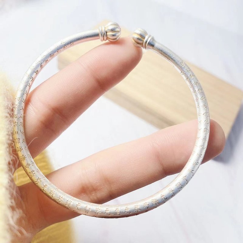 New Silver ancient method gold-painted heart sutra round bar pair of beads bracelet heart sutra bracelet Silver bracelet mother's day - สร้อยข้อมือ - เงิน 