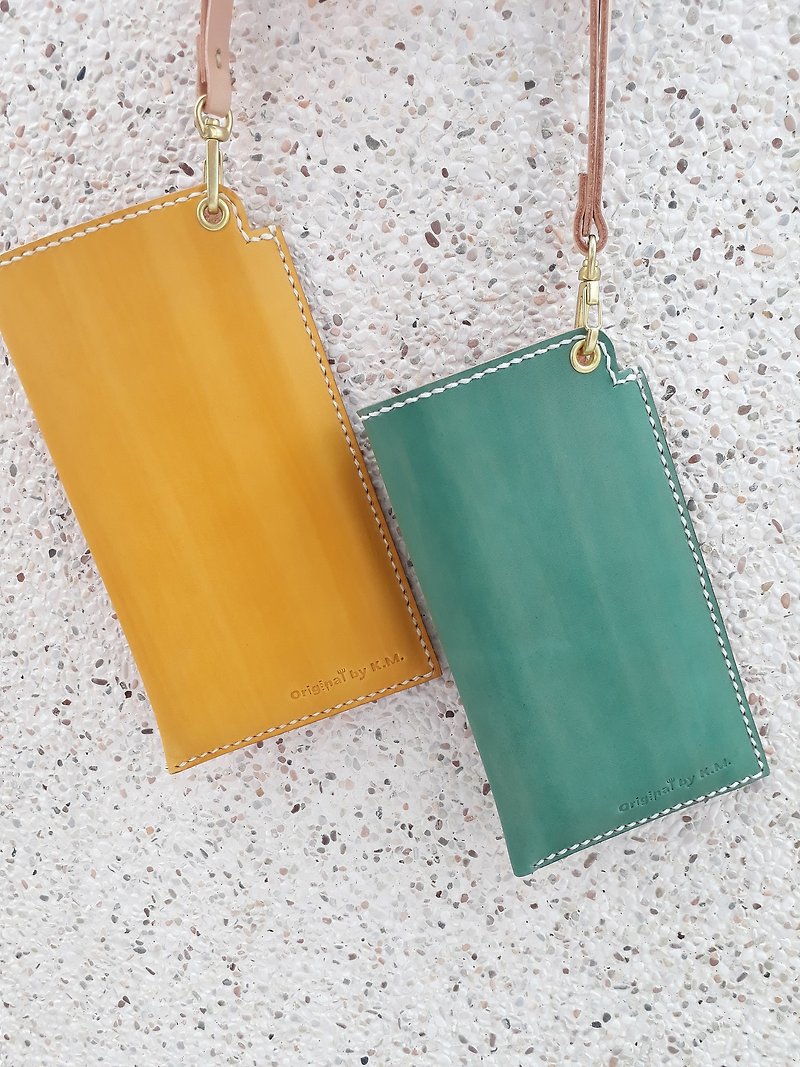 Mobile phone case (with neck strap) (customized size)│Vegetable tanned leather, hand-dyed and brandable - Phone Cases - Genuine Leather Yellow