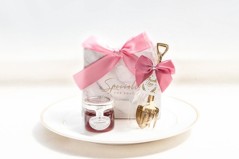 Simple and exquisite gift bag - golden shovel fork spoon set + British jam (pink ribbon + white marble - แยม/ครีมทาขนมปัง - อาหารสด สึชมพู