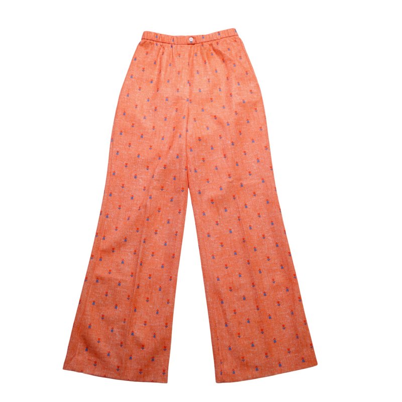 24-28W/ 70s JANTZEN American-made orange flower totem bell-bottom pants - กางเกงขายาว - วัสดุอื่นๆ สีส้ม