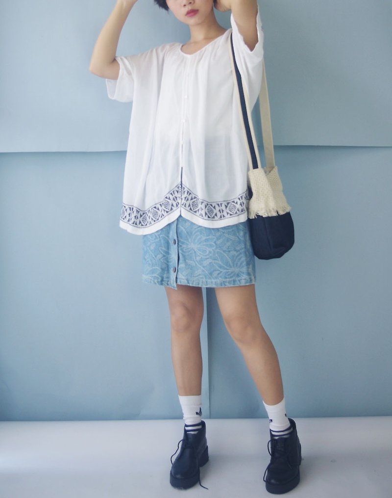 Treasure Hunting - Summer Floral Denim Skirt - Skirts - Cotton & Hemp Blue