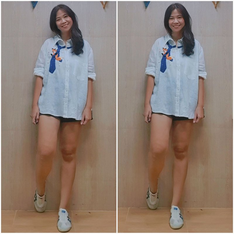 Hand Embroidery Shirt, Linen Fabric, Fox, Necktie - Women's Shirts - Thread White