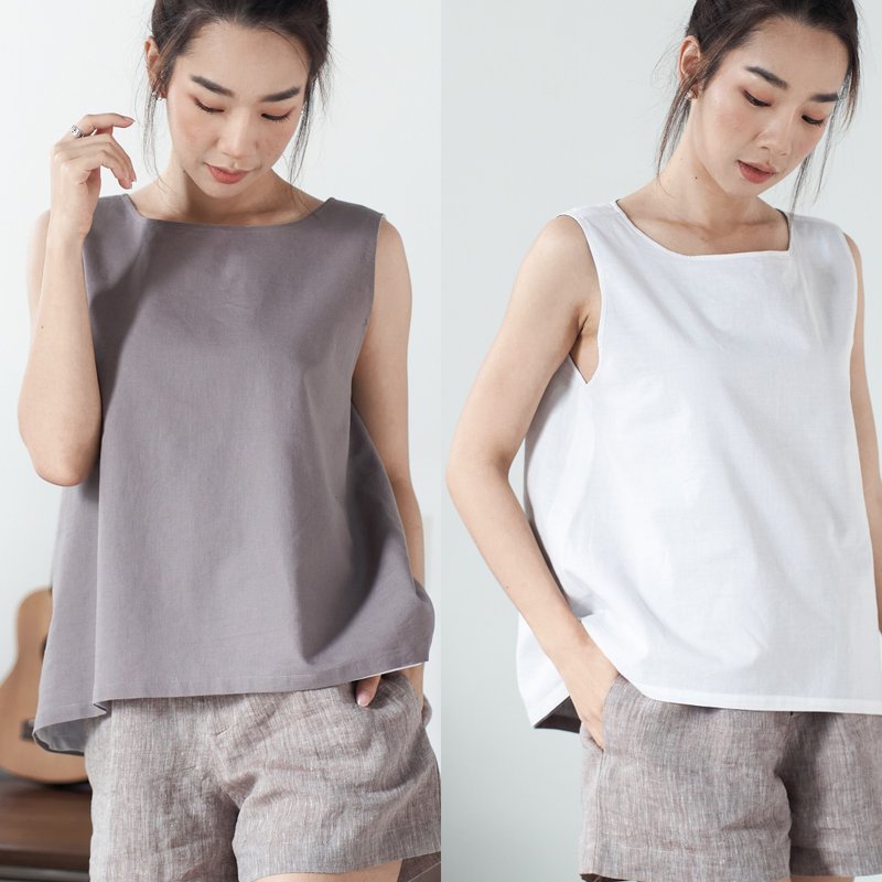 Natural Linen and Cotton Sleeveless Reversible Top - Pale Brown/White - 女上衣/長袖上衣 - 亞麻 白色