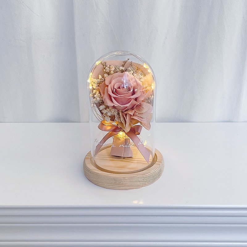 母親節禮盒/客製化禮物 LED玫瑰小花束永生花玻璃鐘罩-莫蘭迪粉 - 乾花/永生花 - 植物．花 粉紅色