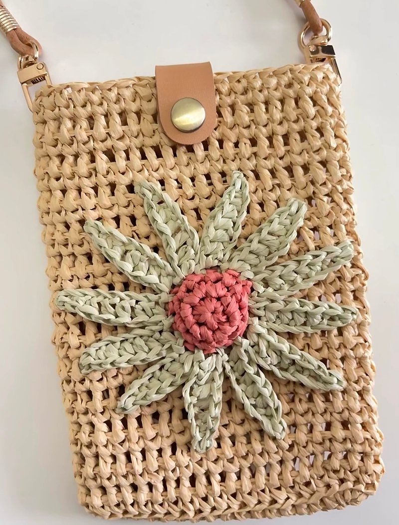 Daisy cotton straw mobile phone bag - กระเป๋าแมสเซนเจอร์ - ผ้าฝ้าย/ผ้าลินิน 