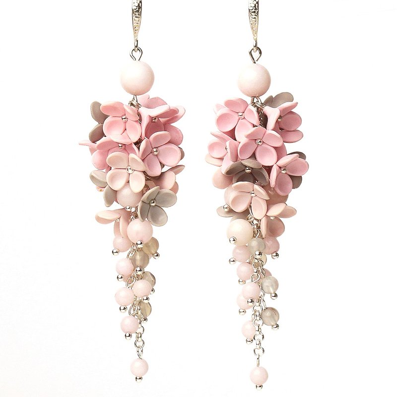 Gray Pink Earrings With Tiny Flowers Polymer Clay Earrings Long Boho Earrings - ต่างหู - ดินเหนียว สึชมพู