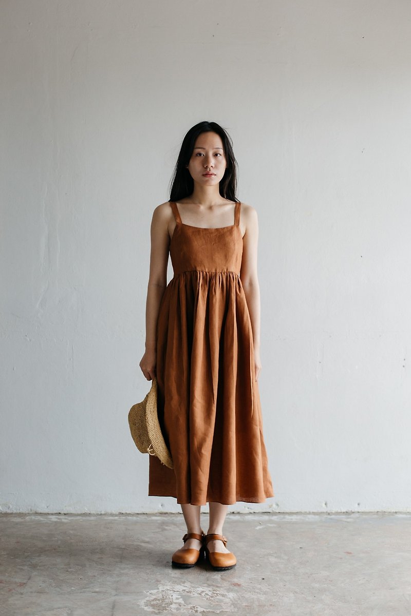Camisole Linen Dress with Back Shell Button in Brown Sugar