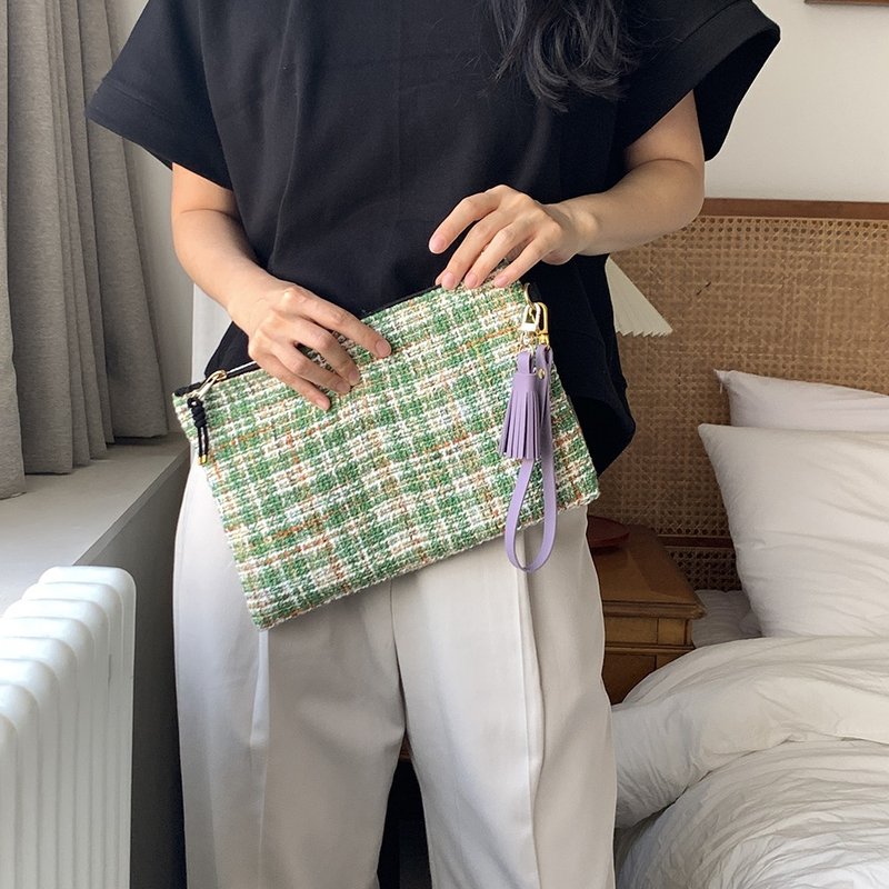 Tweed green storage clutch bag - 手拿包 - 棉．麻 多色