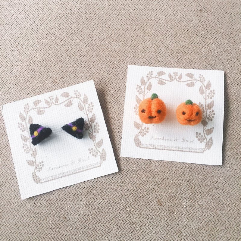 Halloween wool-felting ear rings - pumpkin / wizard hat - Earrings & Clip-ons - Wool Orange