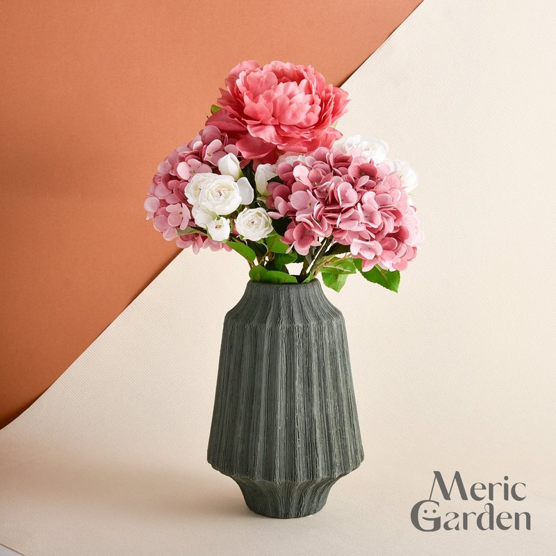 Meric Garden 仿真蕙心粉白牡丹繡球玫瑰花藝花瓶組 - 乾燥花/永生花 - 其他人造纖維 粉紅色