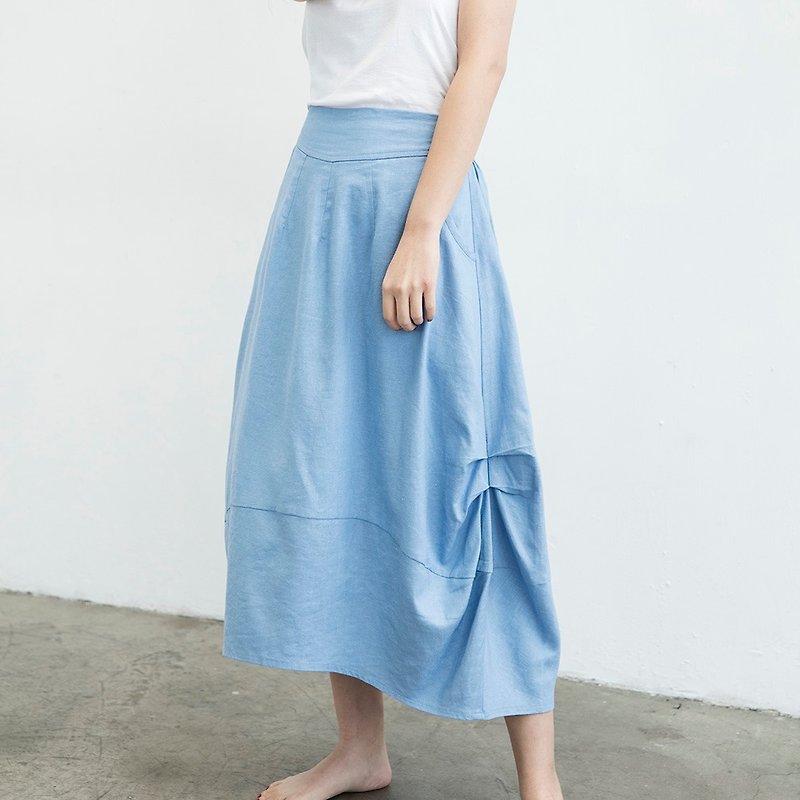 Cotton Round Skirt - Silent Blue - Maxi Skirt - กระโปรง - ผ้าฝ้าย/ผ้าลินิน สีน้ำเงิน