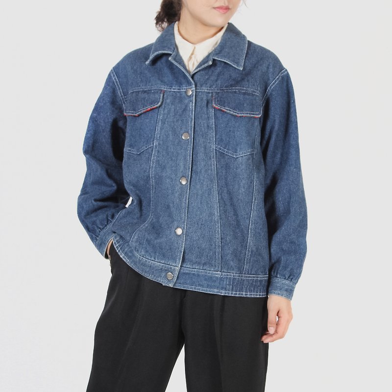 [Egg Plant Ancient] Happy Colorful Patterned Denim Jacket - เสื้อแจ็คเก็ต - ผ้าฝ้าย/ผ้าลินิน สีน้ำเงิน