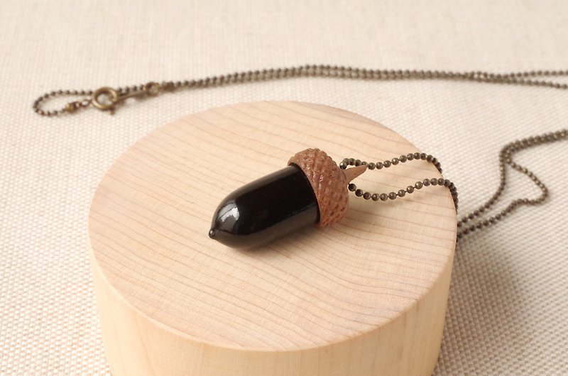 URUSHI finish Wood Carving Acorn Pendant - Necklaces - Wood Black
