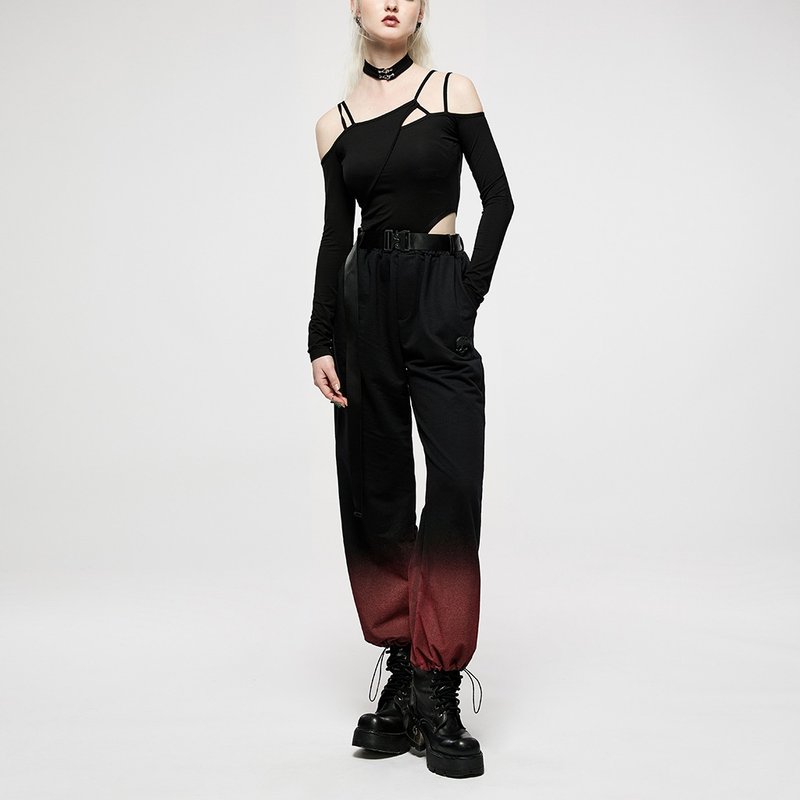 Punk Witch Doctor Gradient Cargo Pants - Red / Green / Belted / Hand Painted - กางเกงขายาว - วัสดุอื่นๆ สีแดง