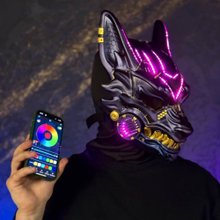 ブラウン ホワイトのサイバーパンク狐面、スマートRGBライト付き、未来