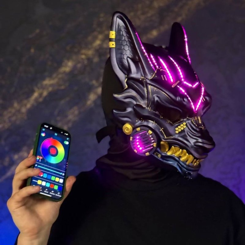 Cyberpunk Kitsune mask Chameleon with Smart RGB lights, Futuristic Fox Mask - 口罩/口罩收納套 - 樹脂 紫色