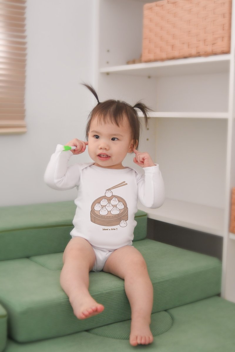 Baby長袖連身包屁衣-麻糬兔小籠包(白) - 包屁衣/連身衣 - 棉．麻 白色
