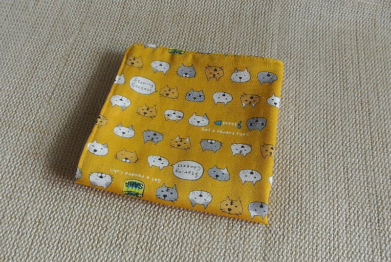 Canned cat and mackerel _ mustard yellow _ double-sided Japanese double yarn handkerchief - Handkerchiefs & Pocket Squares - Cotton & Hemp Orange
