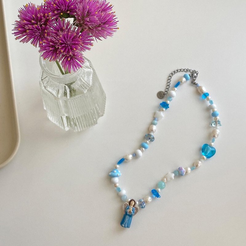 Blue Angel Necklace, Glass beads, Ceramic, Handmade jewelry - 項鍊 - 玻璃 藍色