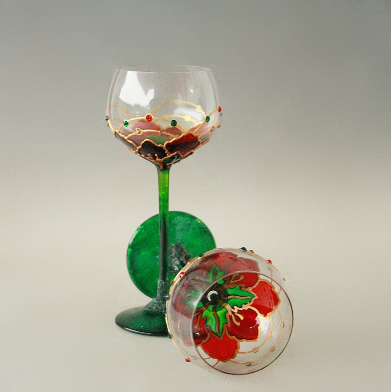 Poppy Poinsettia Aperitif Glasses, Grappa  Liqueur Sweet Wine, Hand-painted set - 酒杯/酒器 - 玻璃 紅色