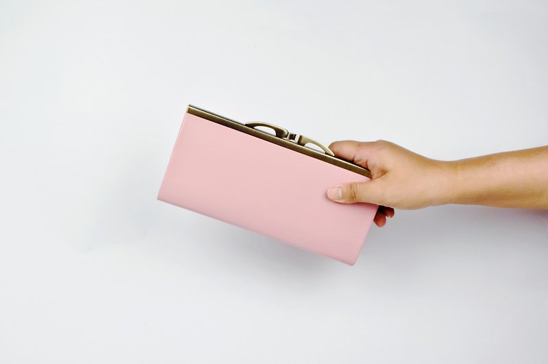 Leather Wallet, Kisslock Frame Purse, Long Wallet,Light sweet pink - Wallets - Genuine Leather Pink