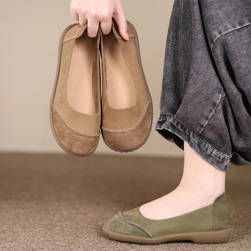 Retro stitching soft sole soft surface flat shoes - Women's Leather Shoes - Genuine Leather Khaki