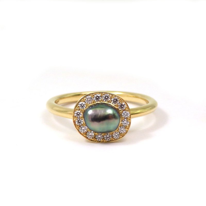 18K yellow gold Black South Sea keshi pearl Diamond ring Zen - แหวนทั่วไป - ไข่มุก 