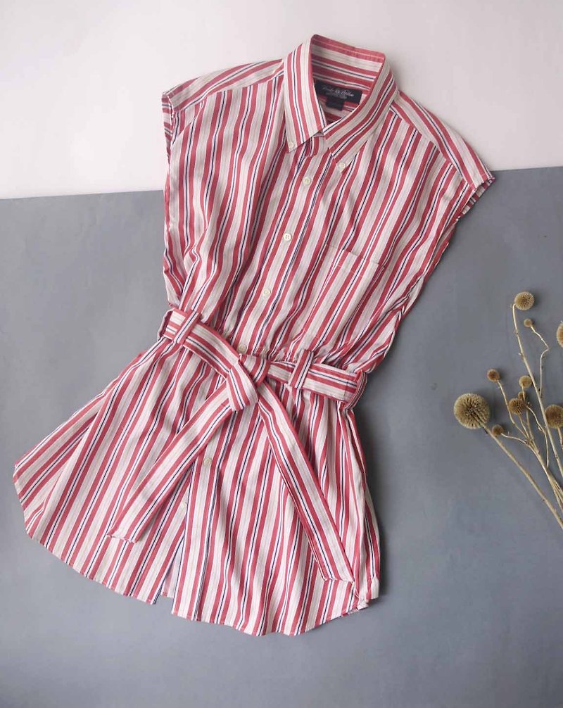 [R;]style-古著改造 復古紅白機配色長版襯衫洋裝 - 女襯衫 - 聚酯纖維 紅色