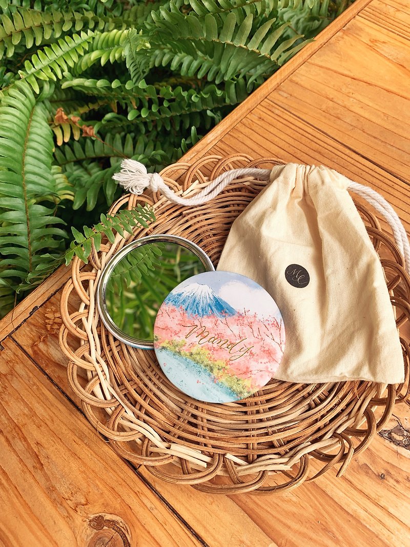 Mount Fuji & Cherry Blossom Pocket Mirror with bag | with gold foil services - Makeup Brushes - Other Metals Multicolor