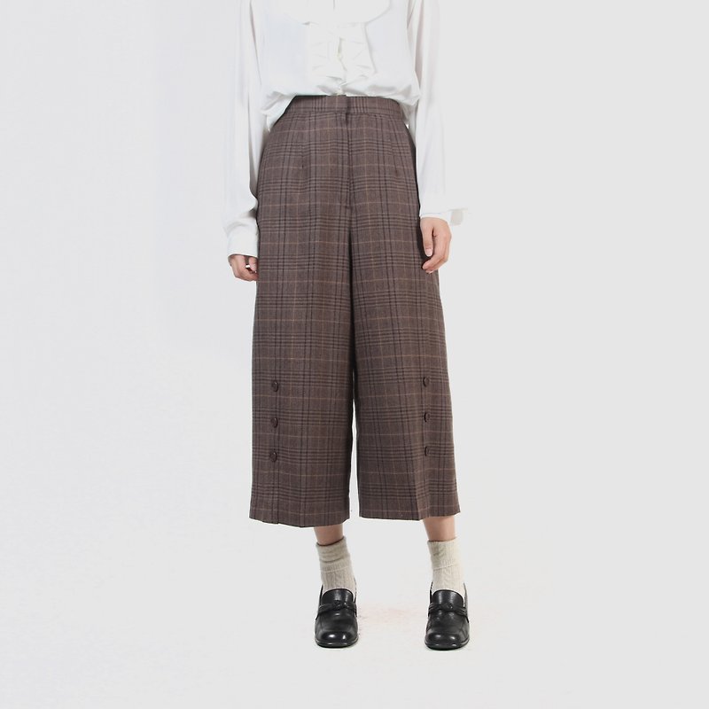 [Egg plant vintage] button-embellished plaid wool vintage wide pants - กางเกงขายาว - ขนแกะ สีนำ้ตาล