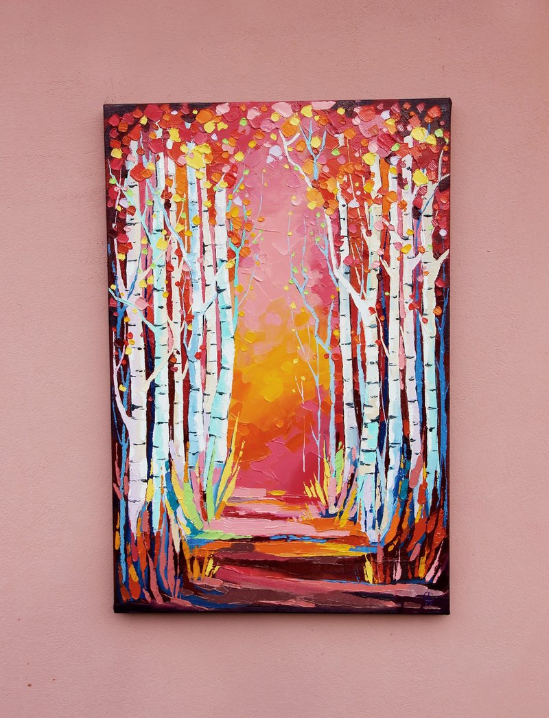 Birch Tree Painting Colorado Original Art Autumn Landscape Artwork Textured Art - 海報/掛畫/掛布 - 其他材質 紅色