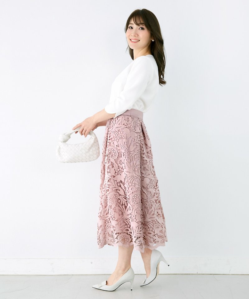 Skirt Scalloped lace Long length / Liala x PG - Skirts - Cotton & Hemp Pink