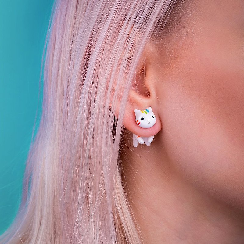 Rainbow Earring Polymer Clay - Rainbow Cat Stud - Earrings & Clip-ons - Clay White