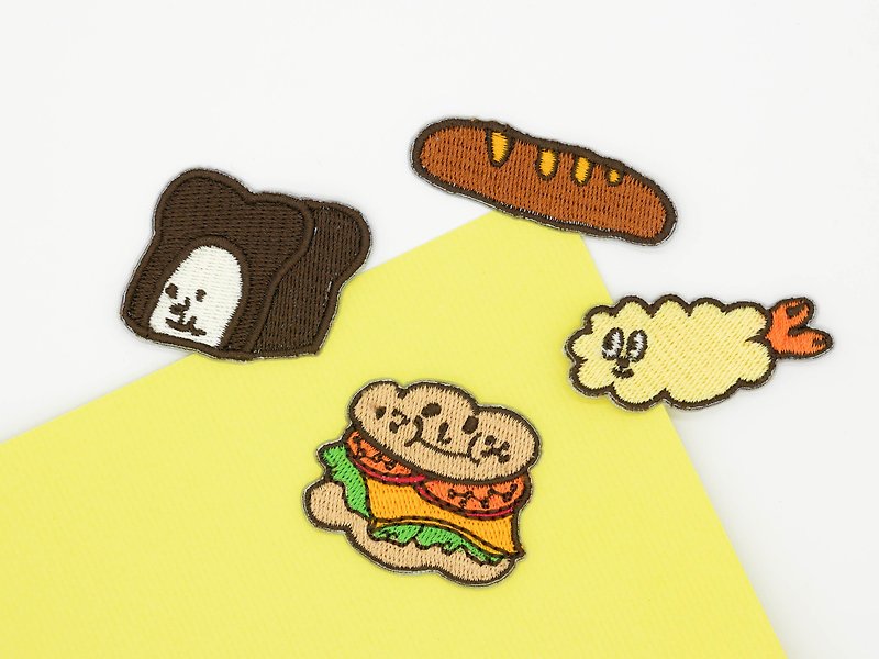 可愛食物系列 /巧克力麵包 /炸蝦 /漢堡 /麵包刺繡燙貼、布章 - 襟章/徽章 - 棉．麻 黃色