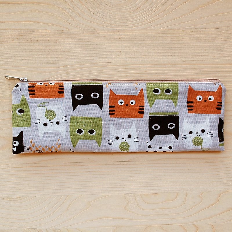 貓咪吃魚拉鏈寬版筷袋 - 筷子/筷子架 - 棉．麻 綠色