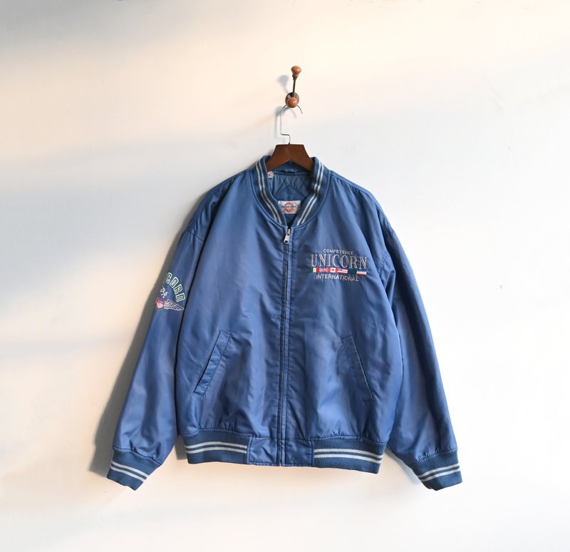 [Egg Plant Vintage] Flag Flying Embroidered Vintage Jacket Baseball Jacket - เสื้อแจ็คเก็ต - ไฟเบอร์อื่นๆ สีน้ำเงิน