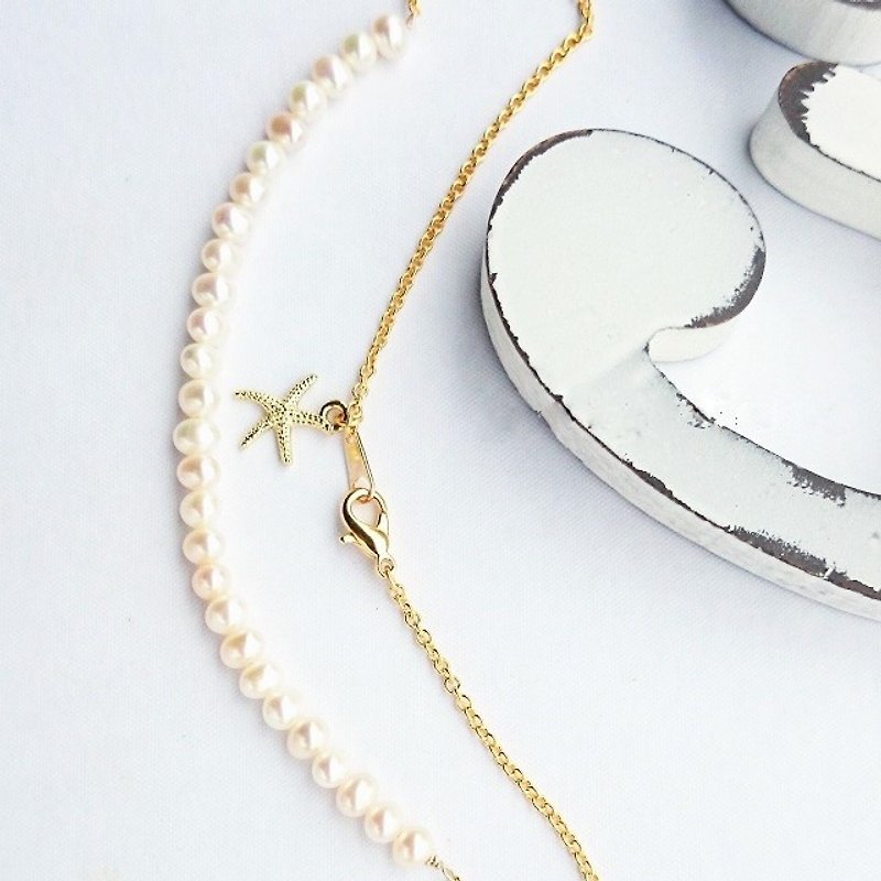 14Kgf * Freshwater pearls starfish necklace - สร้อยคอ - เครื่องเพชรพลอย ขาว