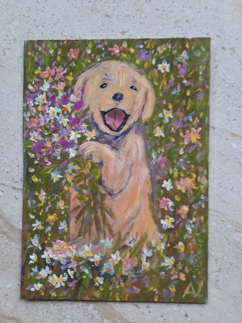 Puppy mini acrylic painting, flowers funny dog handmade art, cute bithday gift - ตกแต่งผนัง - วัสดุอีโค หลากหลายสี