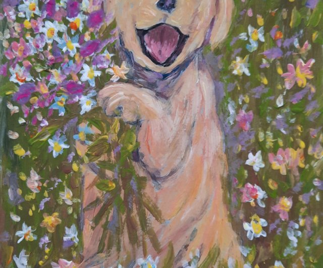 子犬のミニアクリル絵の具、花の面白い犬の手作りアート、かわいい誕生日プレゼント - ショップ GATOULART by Elena  Anufriyeva ウォールデコ・壁紙 - Pinkoi