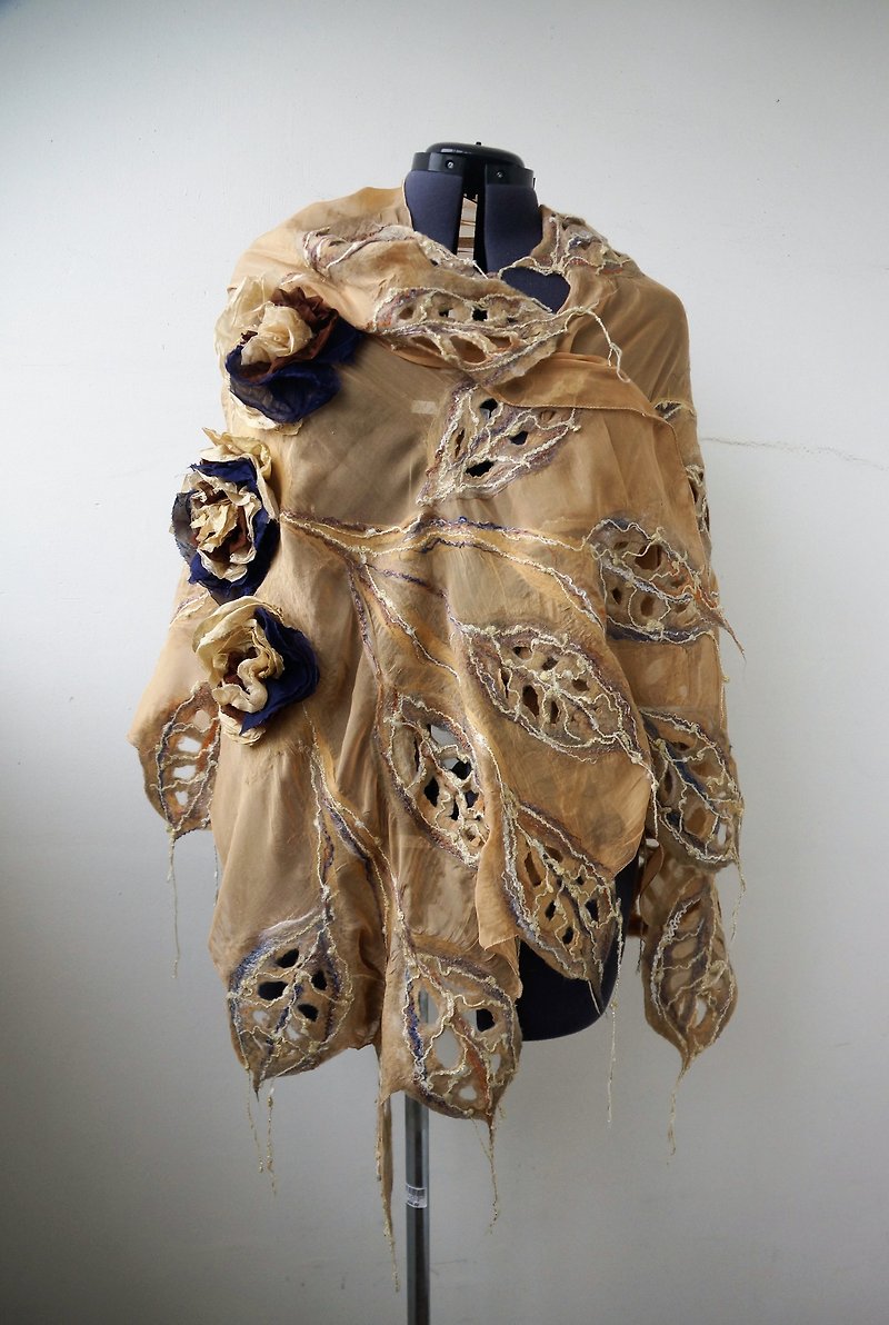 Wool felt silk scarf / beige felt silk shawl / unique art woman scarf - Scarves - Wool Gold