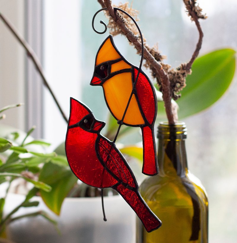冬天樹枝上的鳥。 彩色玻璃兩隻鳥 - 牆貼/牆身裝飾 - 玻璃 紅色