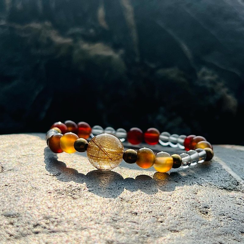 北紅瑪瑙+鈦髮晶+白水晶+尼泊爾黃銅 設計款水晶生命靈數手串 - 手鍊/手環 - 水晶 