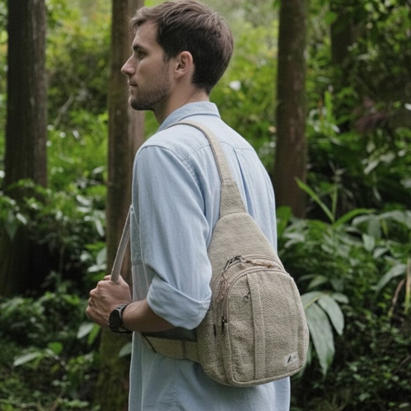 100% hemp multi-laminated cross-body bag chest anti-theft bag_unisex_fair trade - กระเป๋าแมสเซนเจอร์ - ผ้าฝ้าย/ผ้าลินิน สีกากี