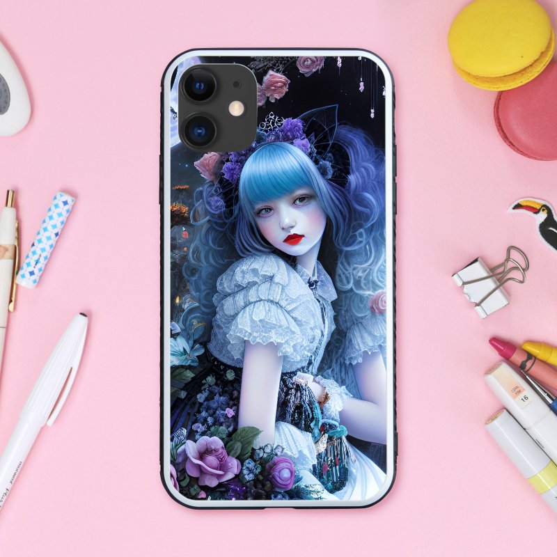 ゴシック調のメイド服で黒い猫耳と青い髪がゆめかわいい女の子 スマホケース【強化ガラス仕上げ】iPhone16 対応 - 手機殼/手機套 - 塑膠 多色